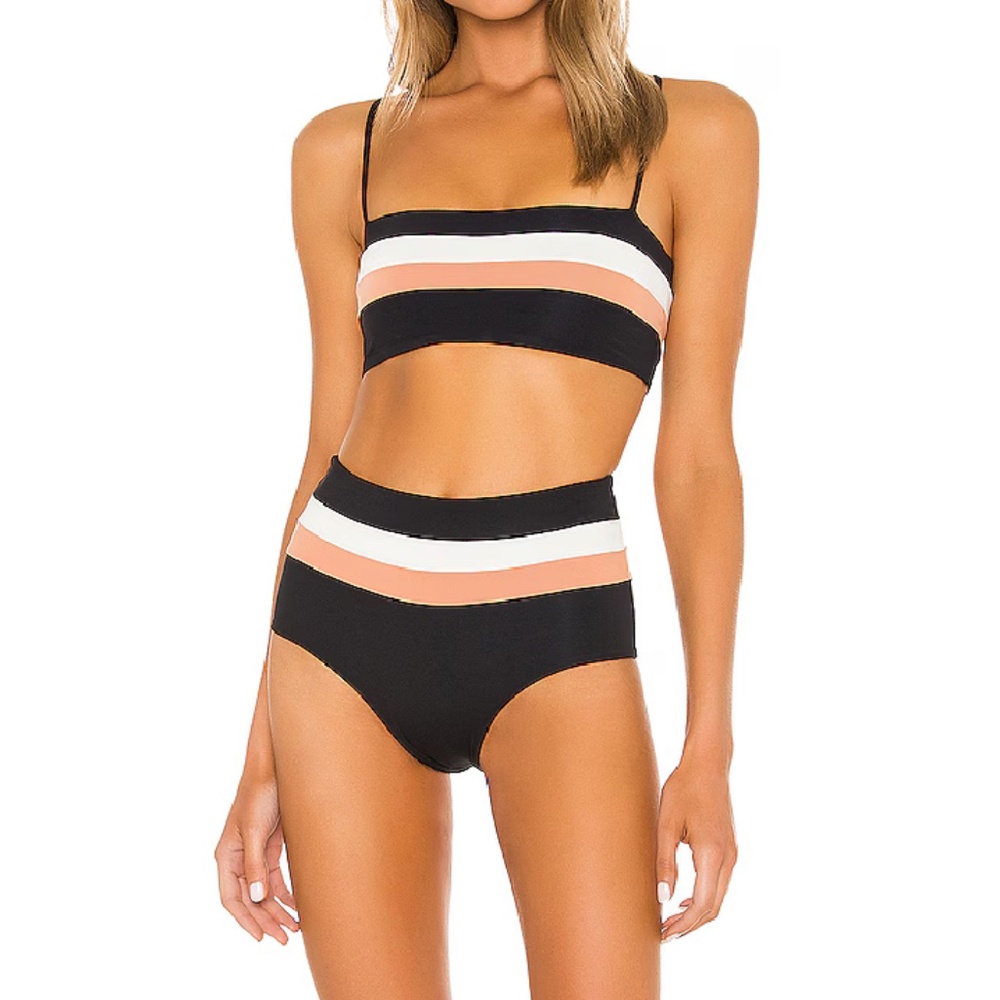 l*space Black White and Peach Stripe High-Waist Bikini Set